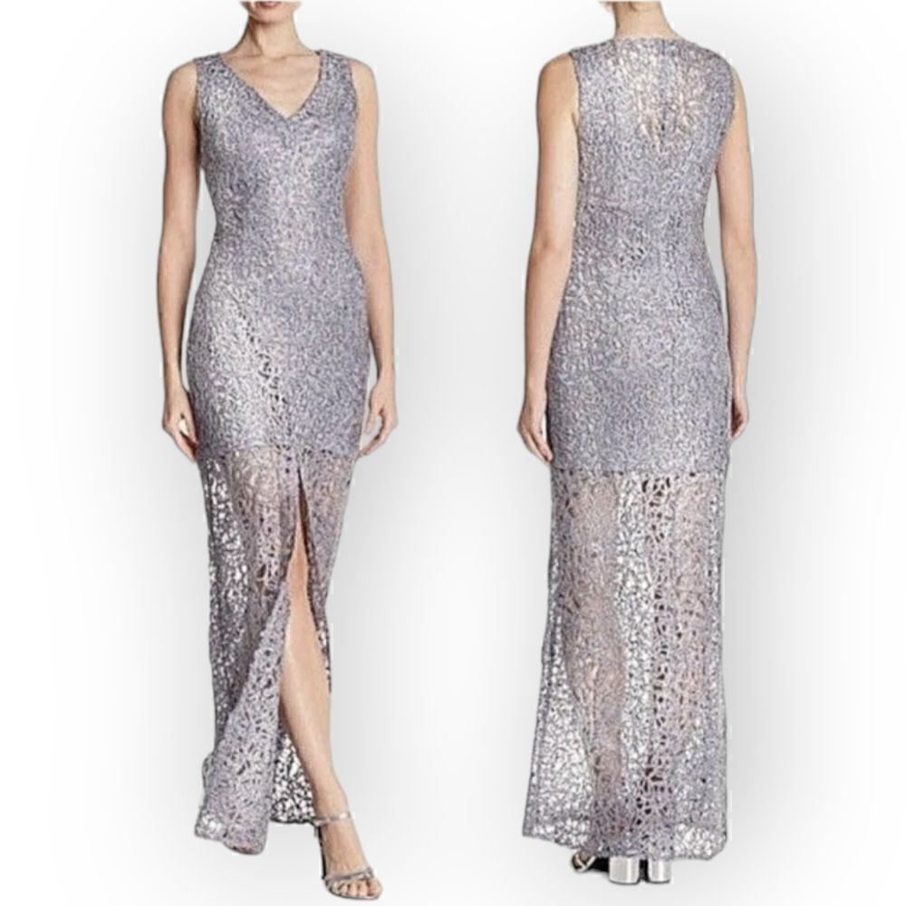 Marina Silver lace embroidery full length sleeveless v neck formal dress gown 8